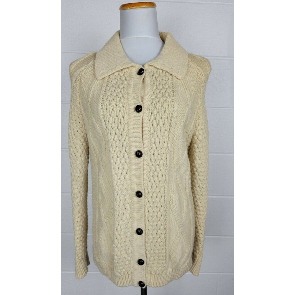 Vintage Womens Donegal‎ Irish Cream Wool Irish Cardigan Fisherman Sweater 40